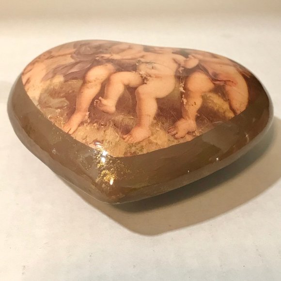Vintage Ceramic Heart Trinket Box Jewelry Victorian Cherub Children Roses Padded - Picture 9 of 12